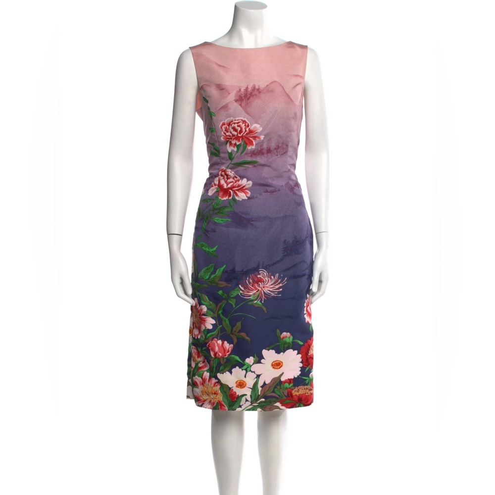 Oscar De La Renta Floral Mountain Landscape Printed 100% Silk Dress | Size 6